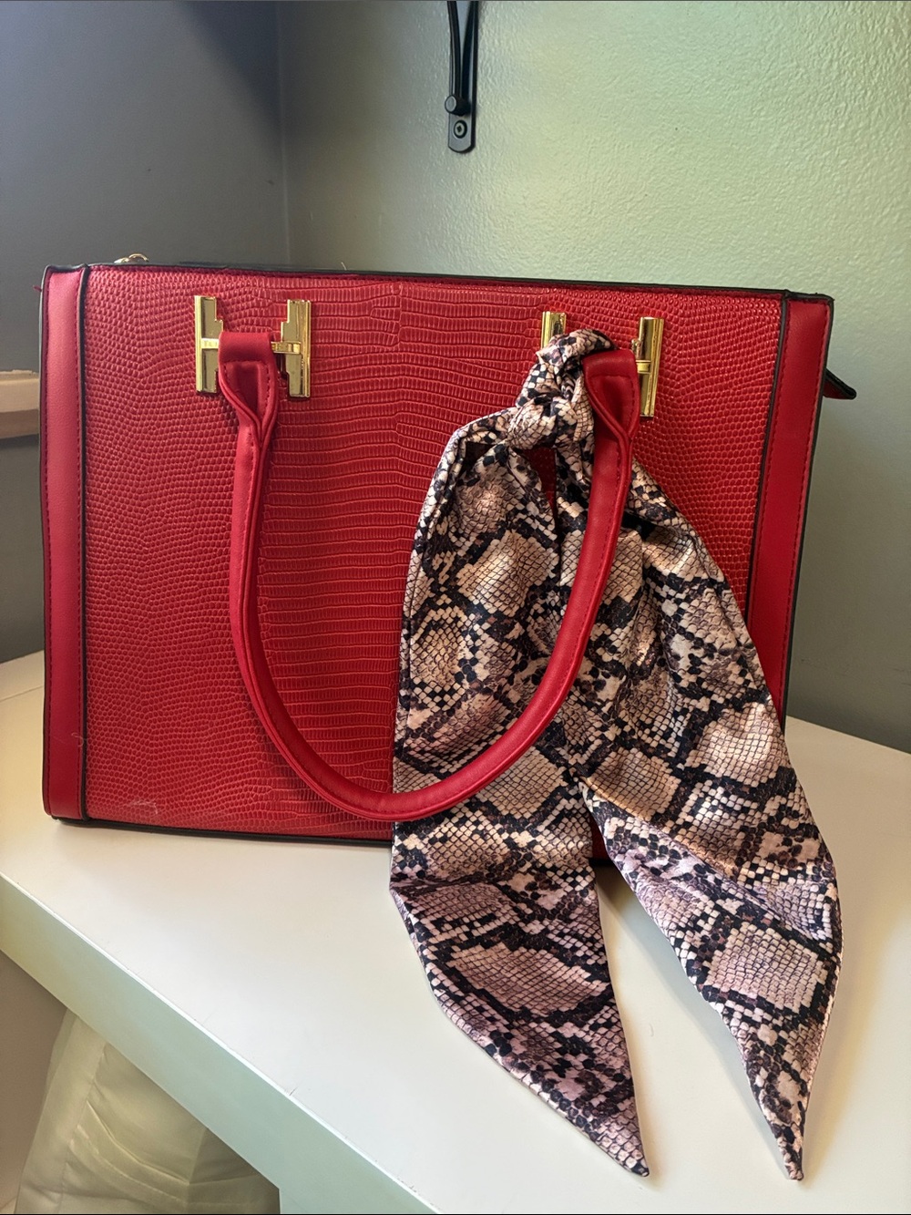 Red Structured Tote Bag with Snake-Print Scarf